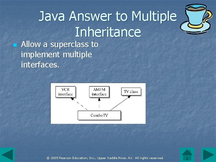 Java Answer to Multiple Inheritance n Allow a superclass to implement multiple interfaces. ©
