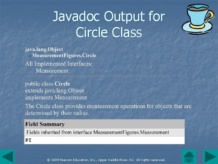 Javadoc Output for Circle Class © 2005 Pearson Education, Inc. , Upper Saddle River,
