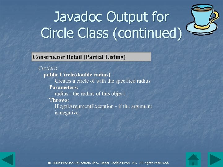 Javadoc Output for Circle Class (continued) © 2005 Pearson Education, Inc. , Upper Saddle