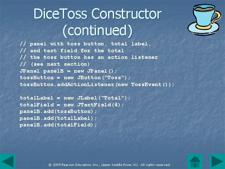 Dice. Toss Constructor (continued) // panel with toss button, total label, // and text
