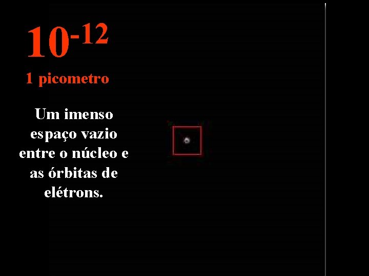 -12 10 1 picometro Um imenso espaço vazio entre o núcleo e as órbitas