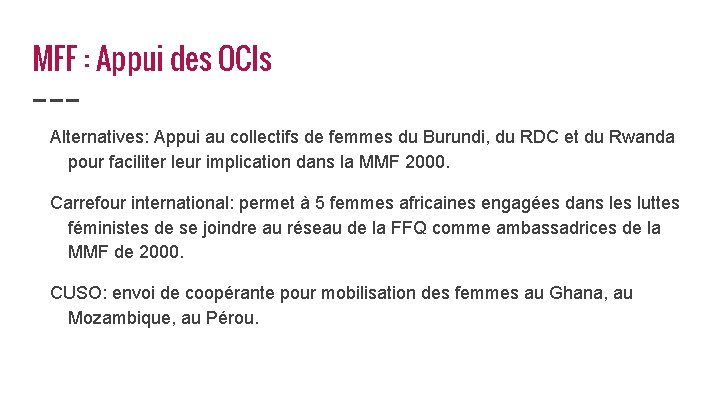 MFF : Appui des OCIs Alternatives: Appui au collectifs de femmes du Burundi, du