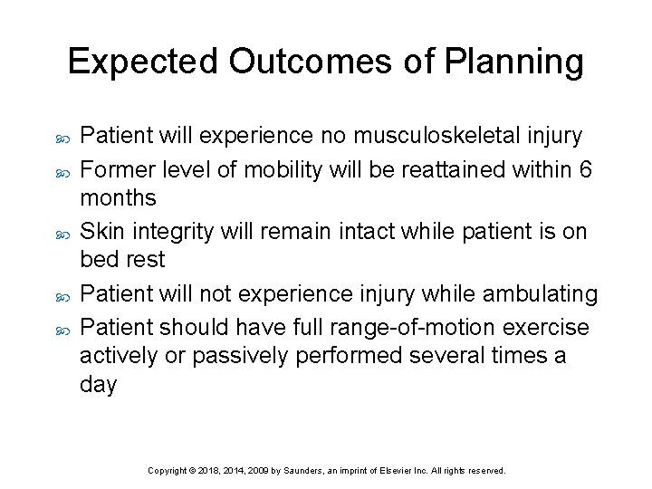 Expected Outcomes of Planning Patient will experience no musculoskeletal injury Former level of mobility