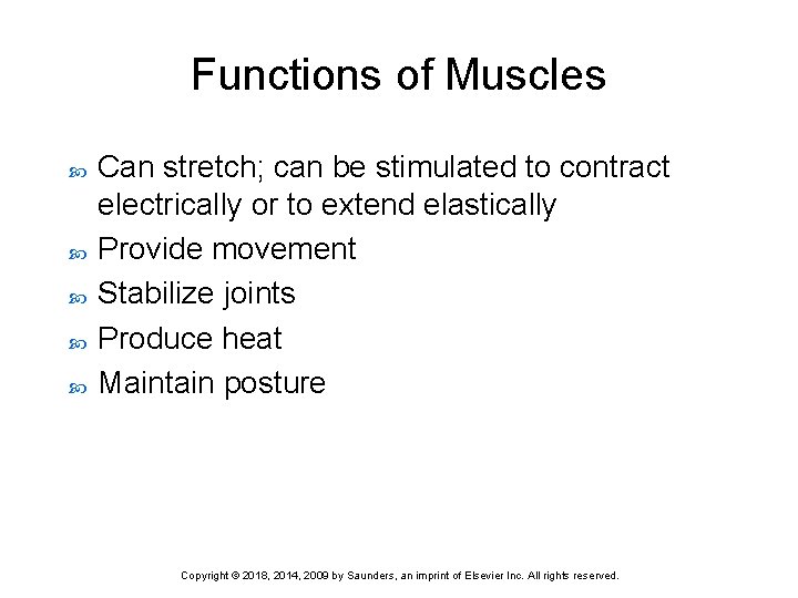 Functions of Muscles Can stretch; can be stimulated to contract electrically or to extend