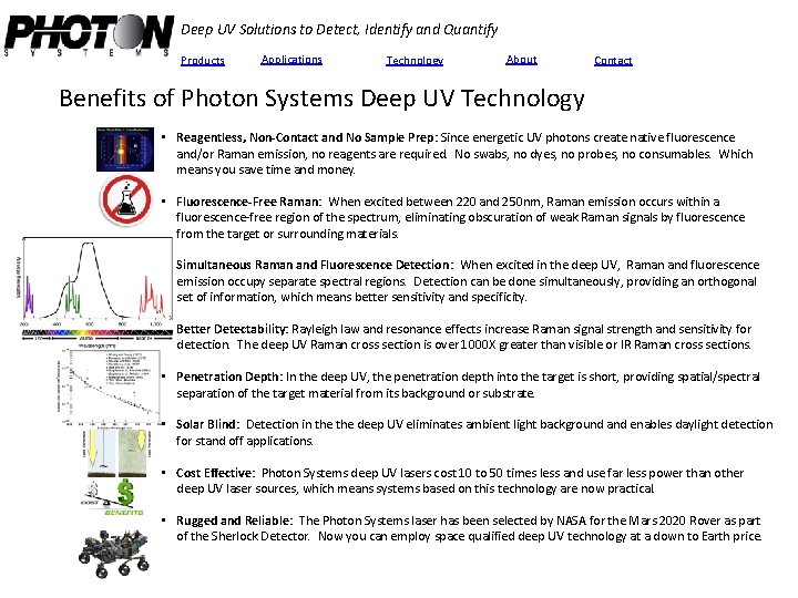 Deep UV Solutions to Detect, Identify and Quantify Products Applications Technology About Contact Benefits