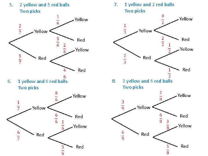 5. 6. 2 yellow and 5 red balls Two picks 1 yellow and 6
