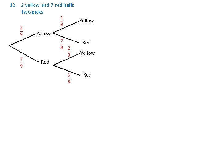 12. 2 yellow and 7 red balls Two picks 