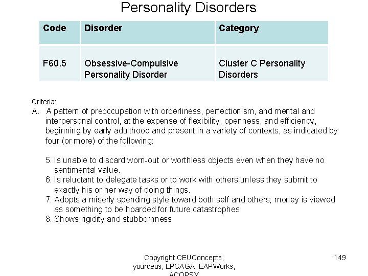 Personality Disorders Code Disorder Category F 60. 5 Obsessive-Compulsive Personality Disorder Cluster C Personality