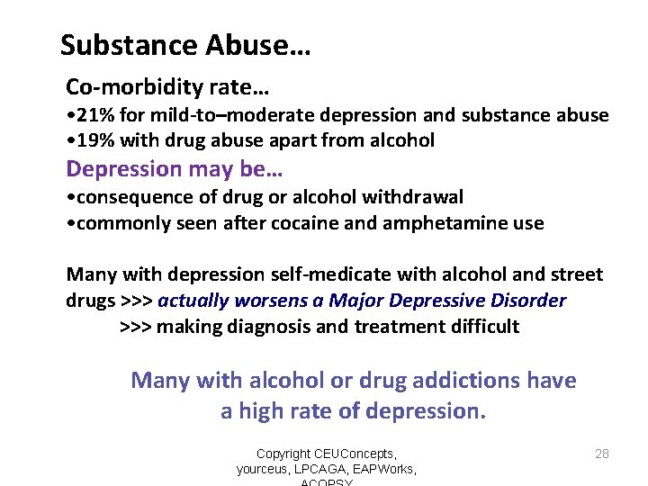 Substance Abuse… Co-morbidity rate… • 21% for mild-to–moderate depression and substance abuse • 19%