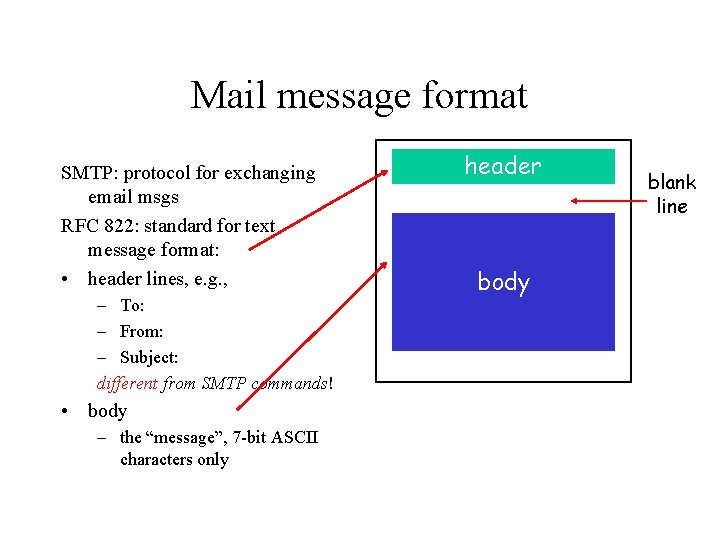 Mail message format SMTP: protocol for exchanging email msgs RFC 822: standard for text