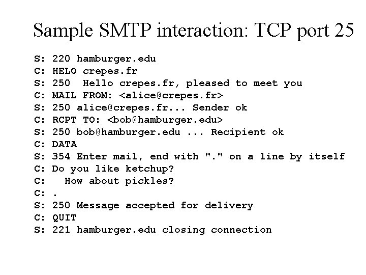 Sample SMTP interaction: TCP port 25 S: C: S: C: C: C: S: 220