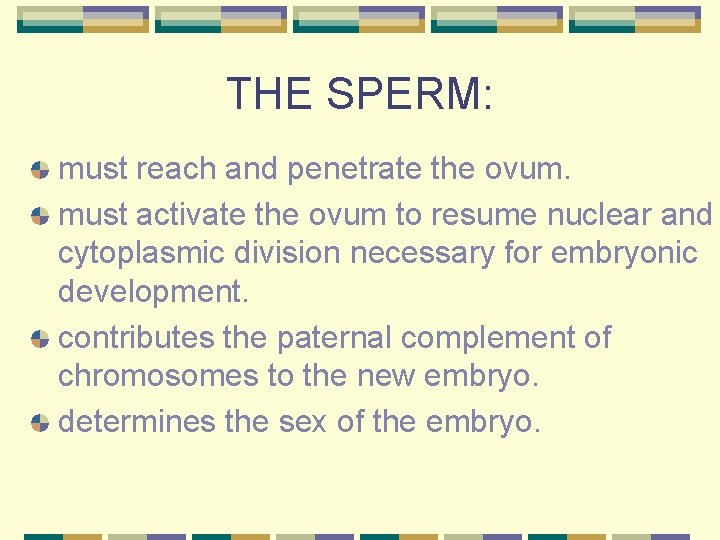 THE SPERM: must reach and penetrate the ovum. must activate the ovum to resume