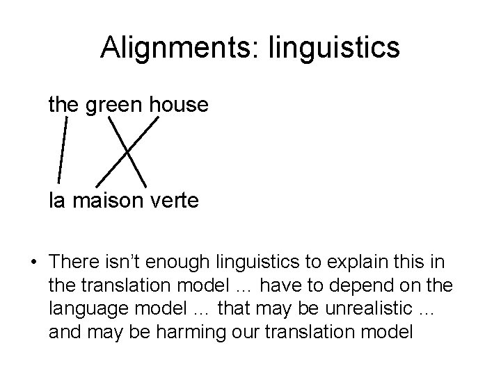 Alignments: linguistics the green house la maison verte • There isn’t enough linguistics to