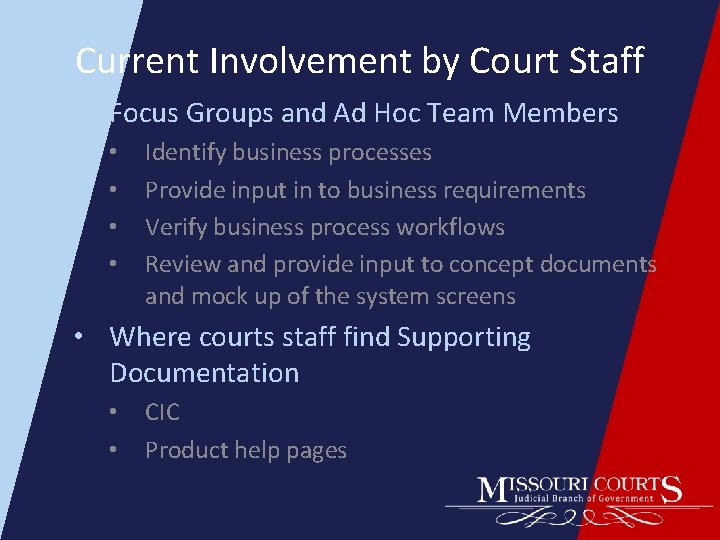 Current Involvement by Court Staff • Focus Groups and Ad Hoc Team Members •