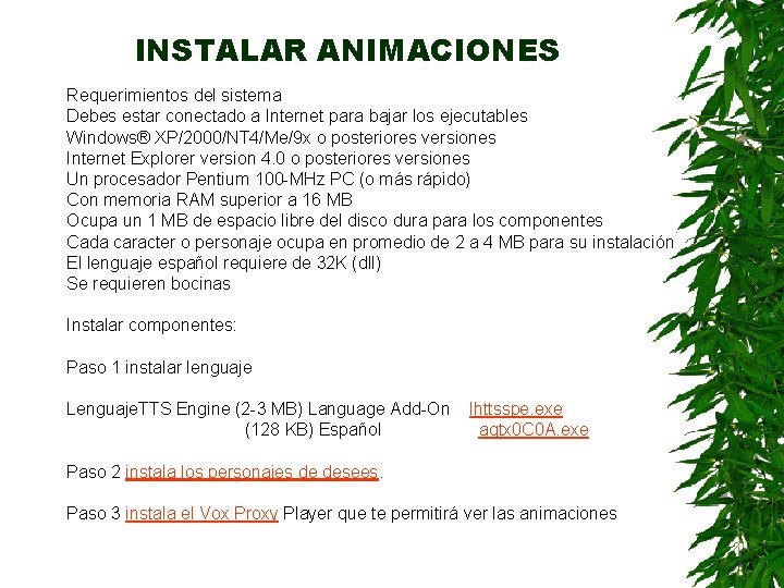 INSTALAR ANIMACIONES Requerimientos del sistema Debes estar conectado a Internet para bajar los ejecutables