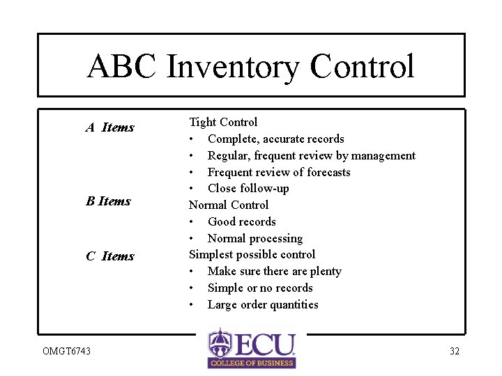 ABC Inventory Control A Items B Items C Items OMGT 6743 Tight Control •