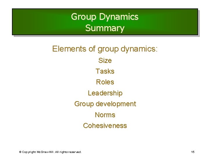 Group Dynamics Summary Elements of group dynamics: Size Tasks Roles Leadership Group development Norms Group Dynamics Summary Elements of group dynamics: Size Tasks Roles Leadership Group development Norms