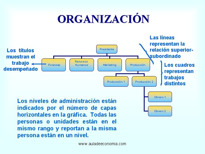 ORGANIZACIÓN Los títulos muestran el trabajo desempeñado Las líneas representan la relación superiorsubordinado Presidente