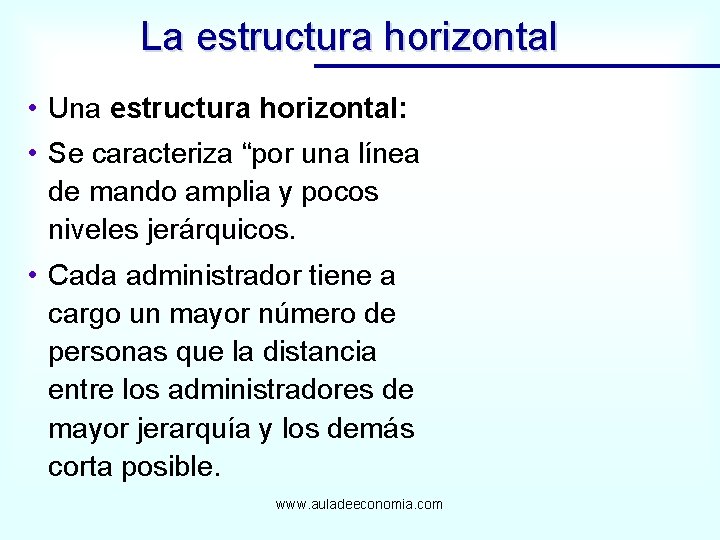 La estructura horizontal • Una estructura horizontal: • Se caracteriza “por una línea de