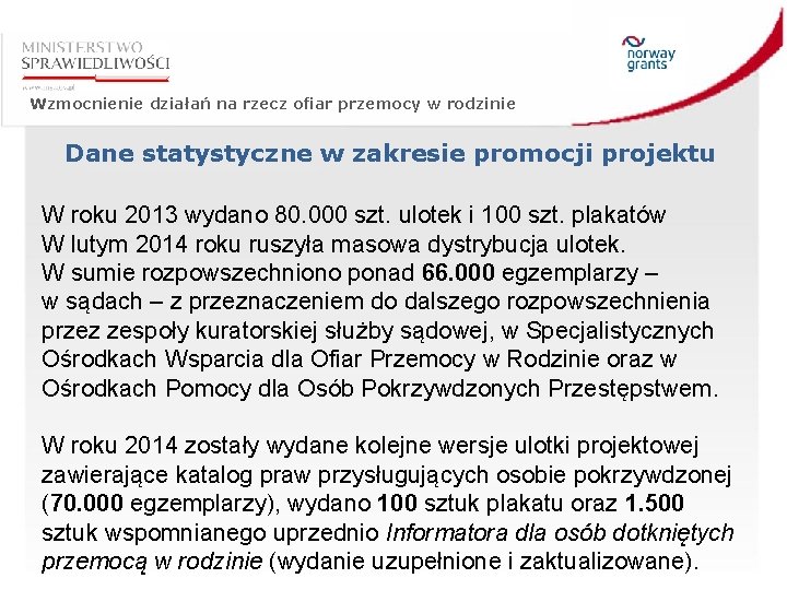 Wzmocnienie działań na rzecz ofiar przemocy w rodzinie Dane statystyczne w zakresie promocji projektu