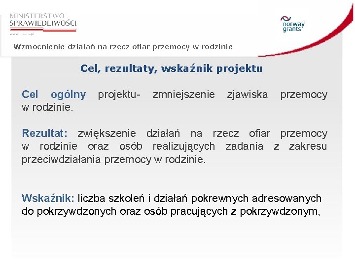 Wzmocnienie działań na rzecz ofiar przemocy w rodzinie Cel, rezultaty, wskaźnik projektu Cel ogólny