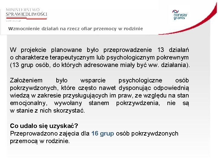 Wzmocnienie działań na rzecz ofiar przemocy w rodzinie W projekcie planowane było przeprowadzenie 13