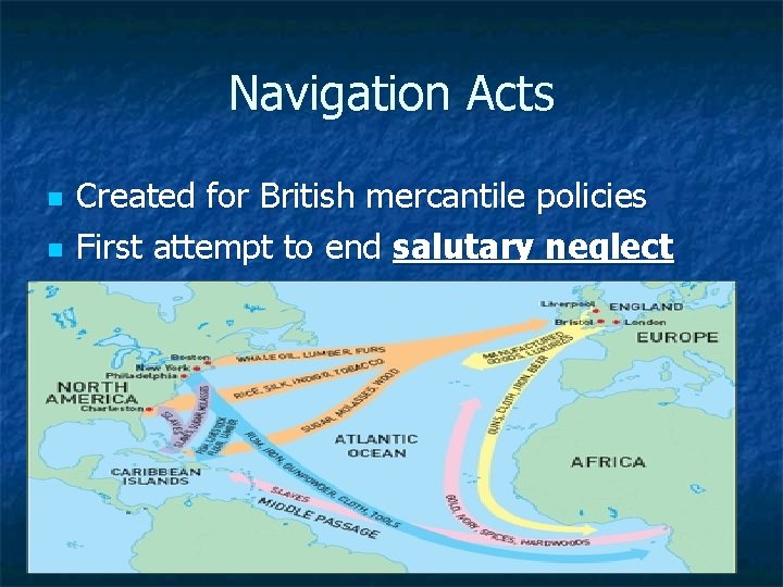 Navigation Acts n n Created for British mercantile policies First attempt to end salutary