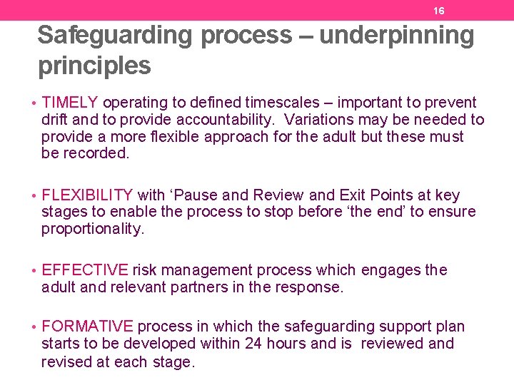 16 Safeguarding process – underpinning principles • TIMELY operating to defined timescales – important