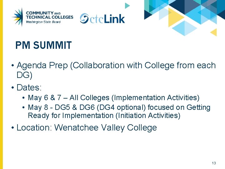 PM SUMMIT • Agenda Prep (Collaboration with College from each DG) • Dates: •