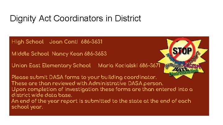 Dignity Act Coordinators in District High School Joan Conti 686 -3631 Middle School Nancy