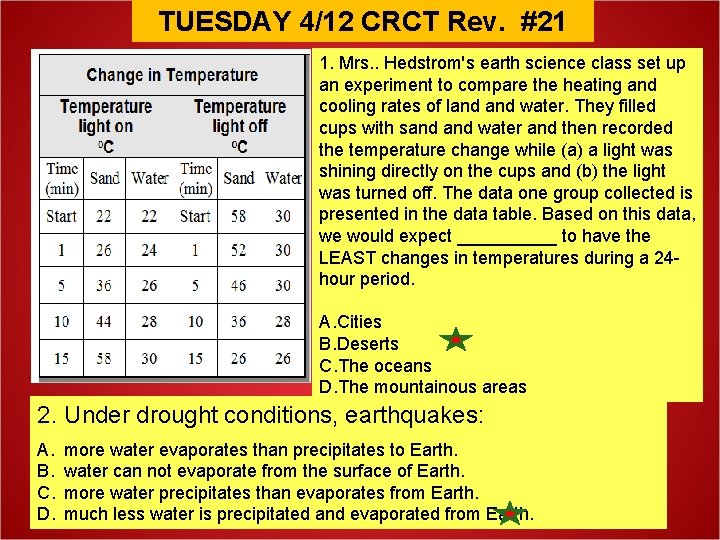 TUESDAY 4/12 CRCT Rev. #21 1. Mrs. . Hedstrom's earth science class set up