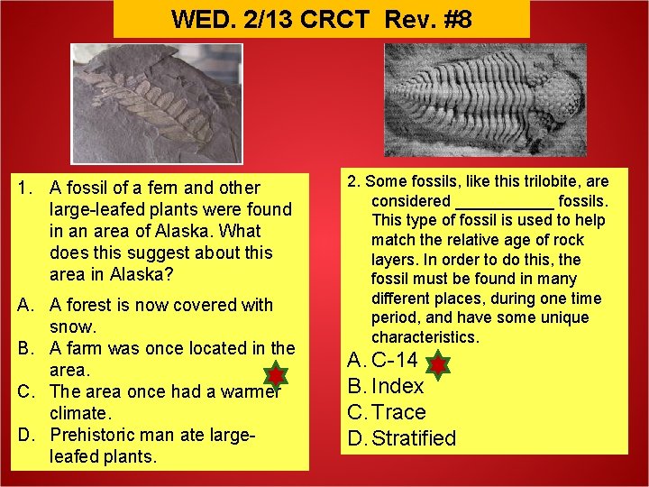 WED. 2/13 CRCT Rev. #8 1. A fossil of a fern and other large-leafed