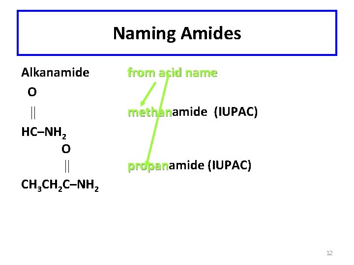 Naming Amides Alkanamide O HC–NH 2 O CH 3 CH 2 C–NH 2 from