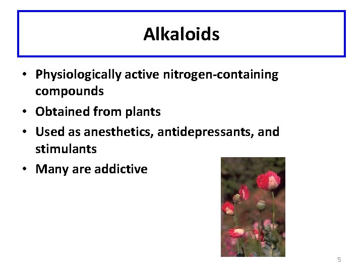 Alkaloids • Physiologically active nitrogen-containing compounds • Obtained from plants • Used as anesthetics,