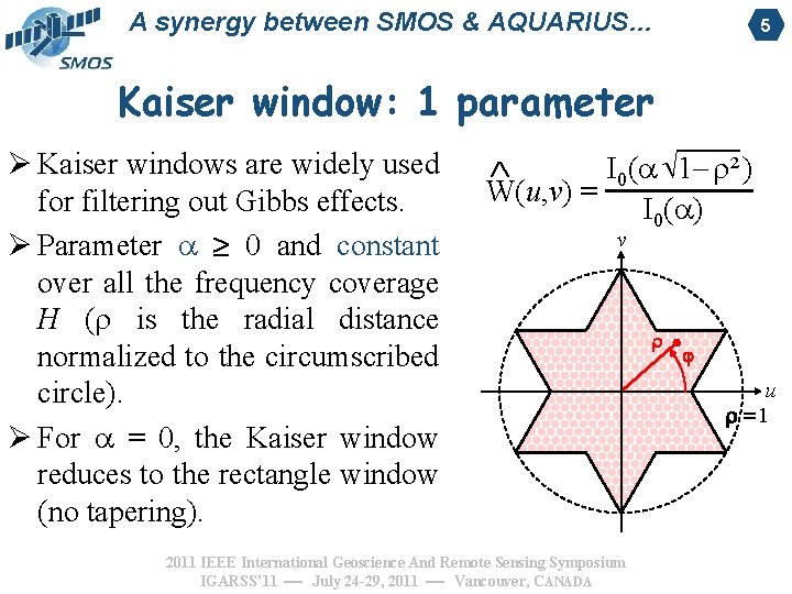 A synergy between SMOS & AQUARIUS… 5 Kaiser window: 1 parameters Ø Kaiser windows