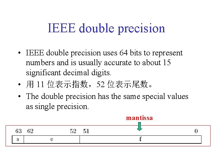 IEEE double precision • IEEE double precision uses 64 bits to represent numbers and