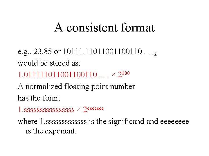 A consistent format e. g. , 23. 85 or 10111. 1101100110. . . 2