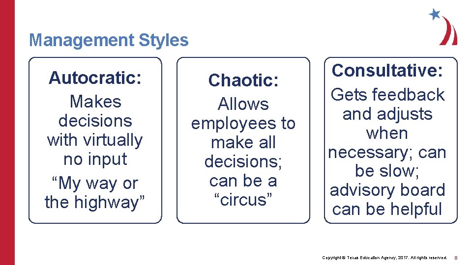 Management Styles Autocratic: Makes decisions with virtually no input “My way or the highway”