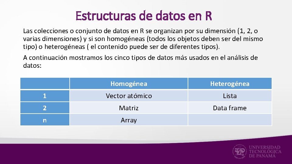 Estructuras de datos en R Las colecciones o conjunto de datos en R se