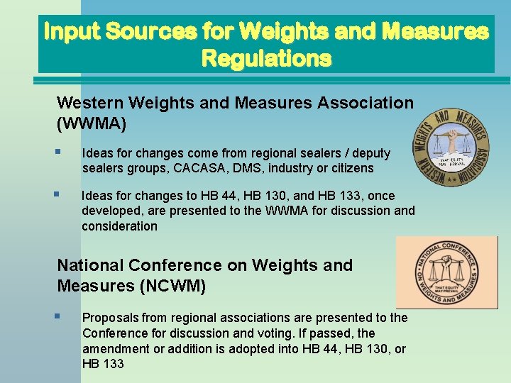 Input Sources for Weights and Measures Regulations Western Weights and Measures Association (WWMA) §