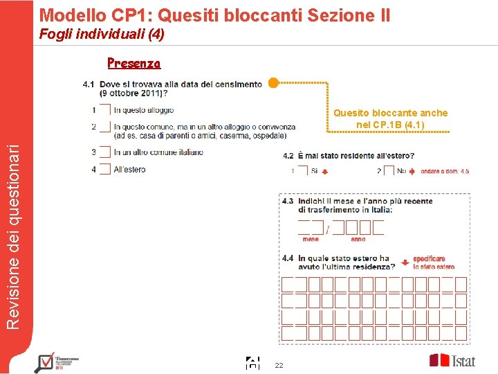 Modello CP 1: Quesiti bloccanti Sezione II Fogli individuali (4) Presenza Revisione dei questionari