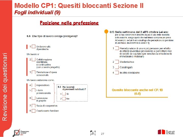 Modello CP 1: Quesiti bloccanti Sezione II Fogli individuali (9) Revisione dei questionari Posizione