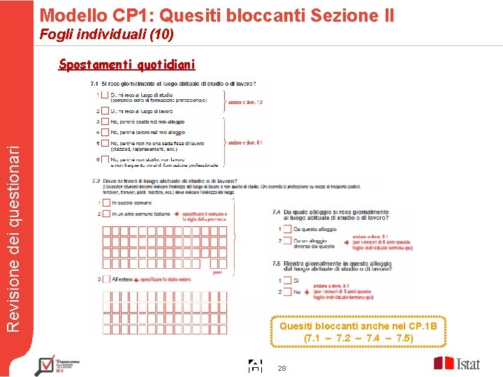 Modello CP 1: Quesiti bloccanti Sezione II Fogli individuali (10) Revisione dei questionari Spostamenti