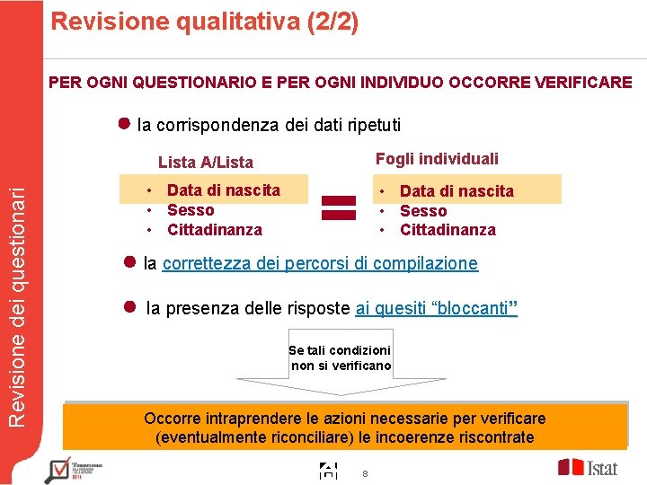 Revisione qualitativa (2/2) PER OGNI QUESTIONARIO E PER OGNI INDIVIDUO OCCORRE VERIFICARE la corrispondenza