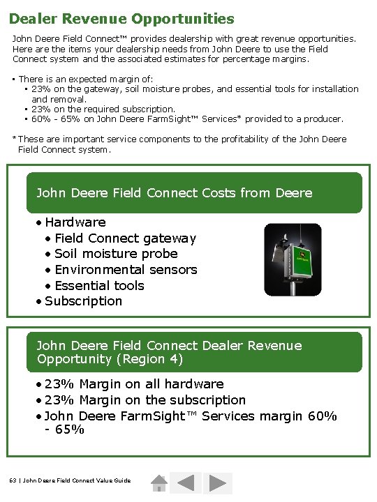 Dealer Revenue Opportunities John Deere Field Connect™ provides dealership with great revenue opportunities. Here
