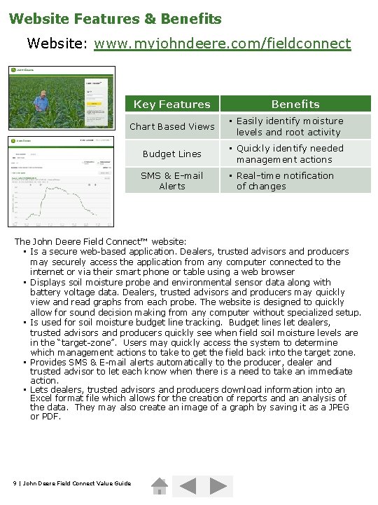 Website Features & Benefits Website: www. myjohndeere. com/fieldconnect Key Features Benefits Chart Based Views