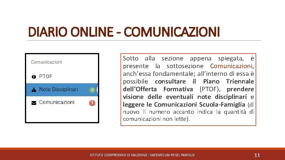 DIARIO ONLINE - COMUNICAZIONI Sotto alla sezione appena spiegata, è presente la sottosezione Comunicazioni,