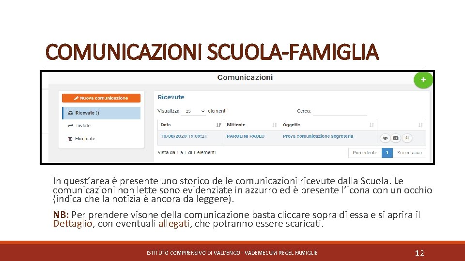 COMUNICAZIONI SCUOLA-FAMIGLIA In quest’area è presente uno storico delle comunicazioni ricevute dalla Scuola. Le