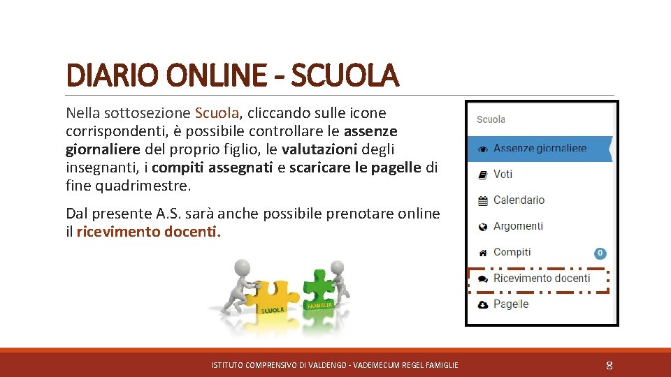 DIARIO ONLINE - SCUOLA Nella sottosezione Scuola, cliccando sulle icone corrispondenti, è possibile controllare