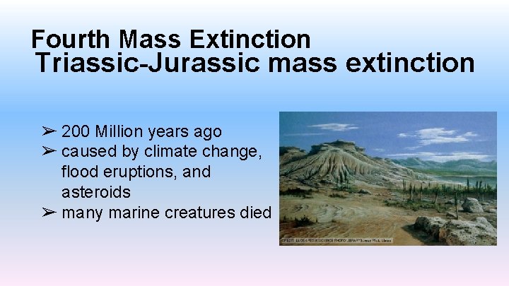 Fourth Mass Extinction Triassic-Jurassic mass extinction ➢ 200 Million years ago ➢ caused by